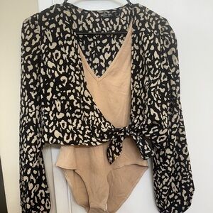 Nasty Gal Black and Cream Leopard Print Bodysuit